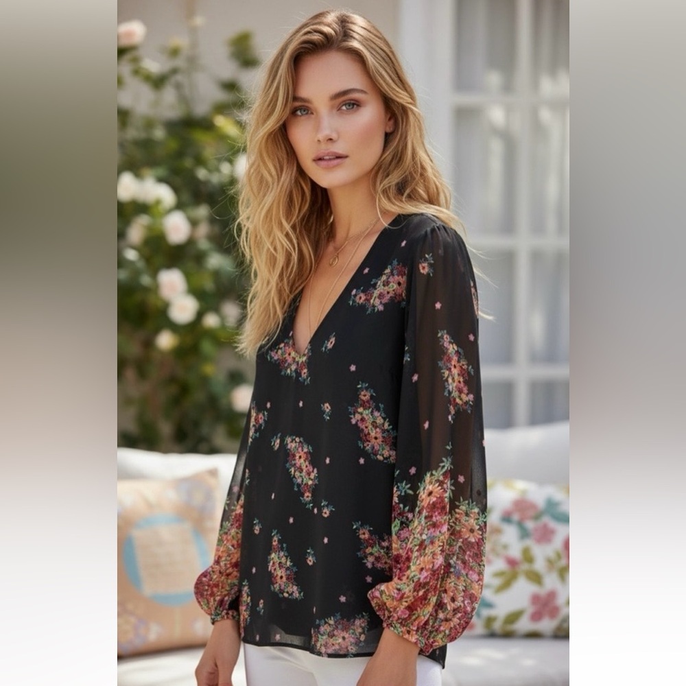 CAbi Women’s Blooming Blouse Floral Semi Sheer
